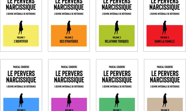 Les couvertures des 8 volumes de "Le Pervers Narcissique" de Pascal Couderc. Chaque livre aborde un aspect de ce profil d'homme, de l'identification à la reconstruction.