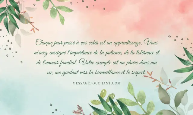 Un texte touchant pour sa belle-mère, orné de feuillages, louant son exemple de patience, tolérance et amour familial.
