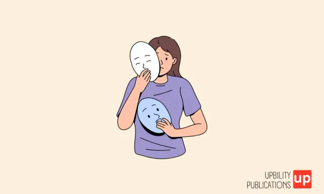 Une jeune femme tient deux masques, l'un devant son visage, l'autre sur sa poitrine. Un questionnaire borderline pourrait aider à comprendre ces changements d'identité.