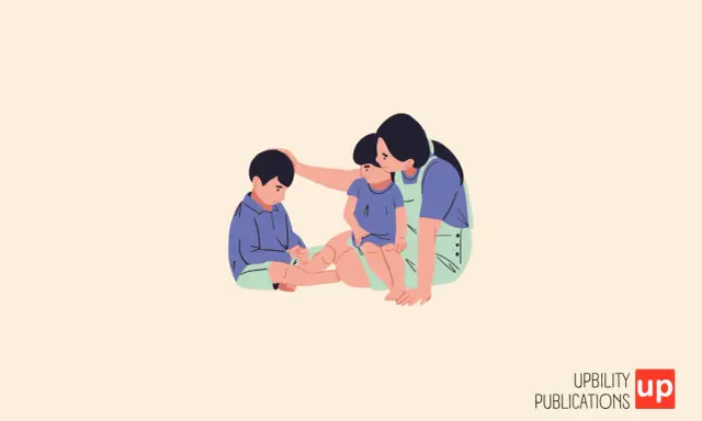 Une mère réconforte ses deux enfants, montrant son amour pour ses enfants.