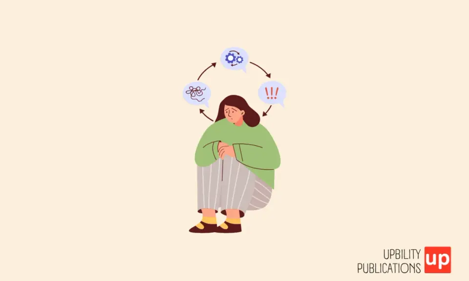 Une personne assise, le regard perdu, entourée de bulles de pensée symbolisant le chaos mental, les engrenages et l'alerte. Une illustration qui évoque les défis du TSA Asperger.