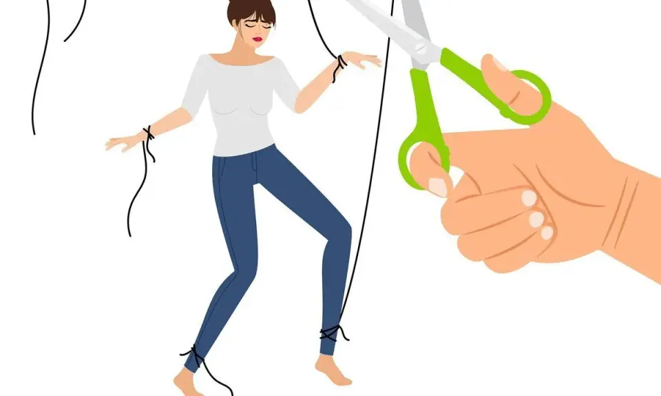 Une femme ligotée, comme une marionnette, est sur le point d'être libérée par des ciseaux, symbolisant la fin d'une relation avec un mari narcissique.