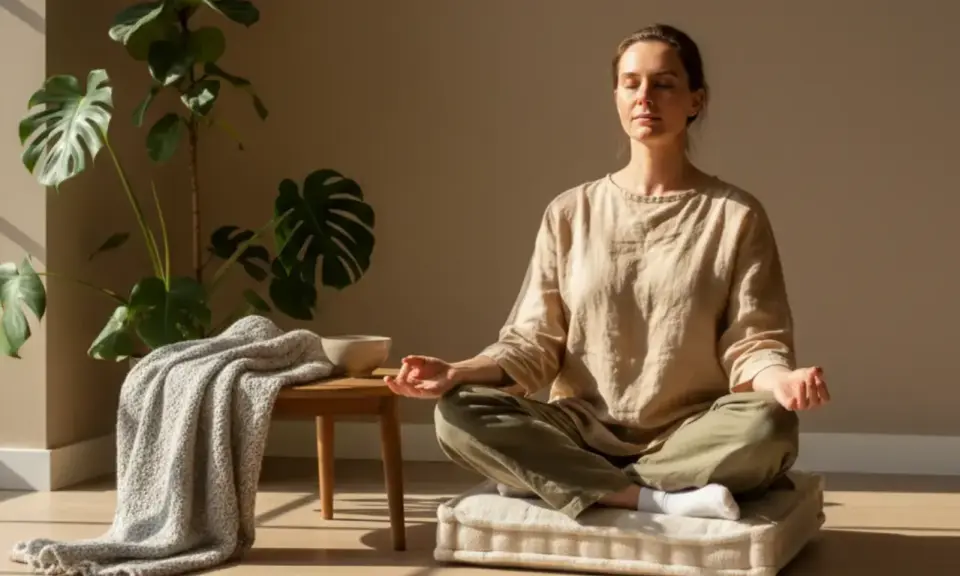 Femme méditant, apaisant son cerveau en ébullition. Une plante verte et une couverture ajoutent à l'atmosphère sereine.