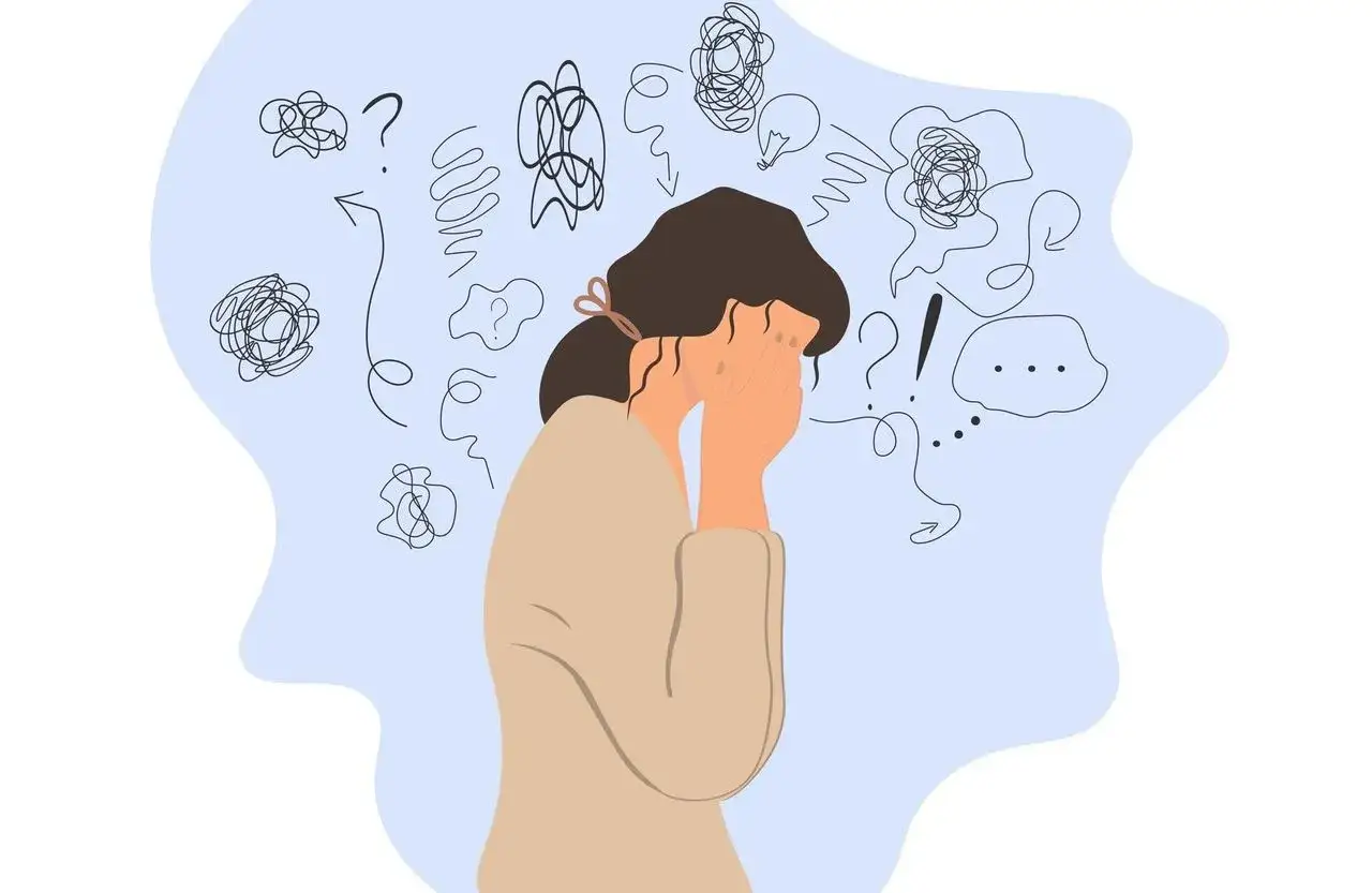 Une femme se couvre le visage, submerg&eacute;e par un cerveau en &eacute;bullition d'id&eacute;es confuses, de points d'interrogation et de spirales chaotiques.