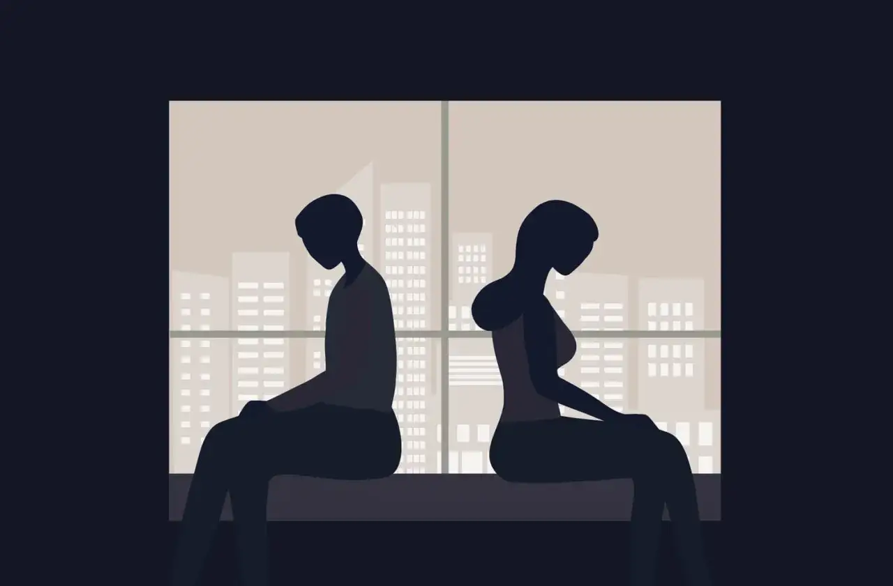 Deux silhouettes assises dos &agrave; dos devant une fen&ecirc;tre avec une vue sur la ville, &eacute;voquant le stress post-narcissique et ses sympt&ocirc;mes.
