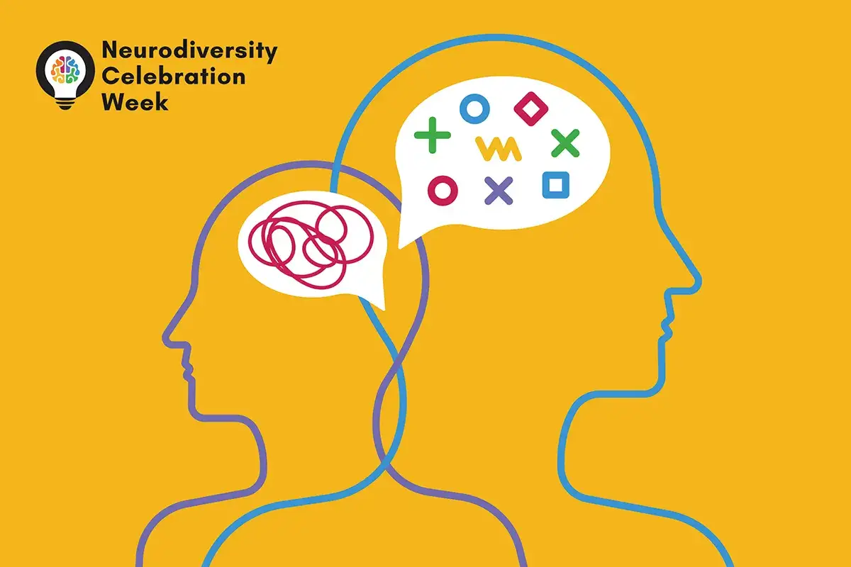 Deux profils de t&ecirc;te se font face, l'un avec un cerveau en d&eacute;sordre, l'autre avec des formes color&eacute;es. C&eacute;l&eacute;bration de la neurodivergence.