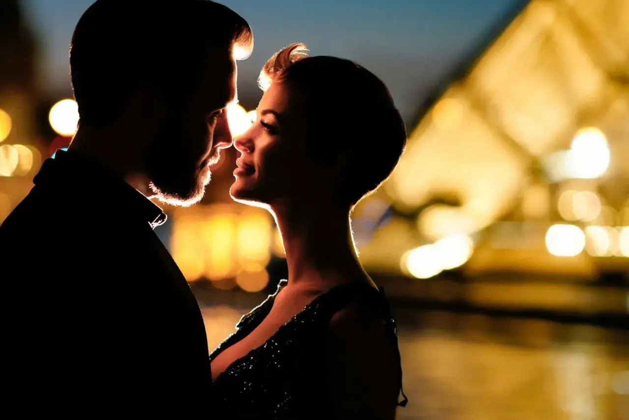 Un couple enlacé, le regard plein de promesses. Elle cherche à séduire son mari, dans une ambiance tamisée et romantique.