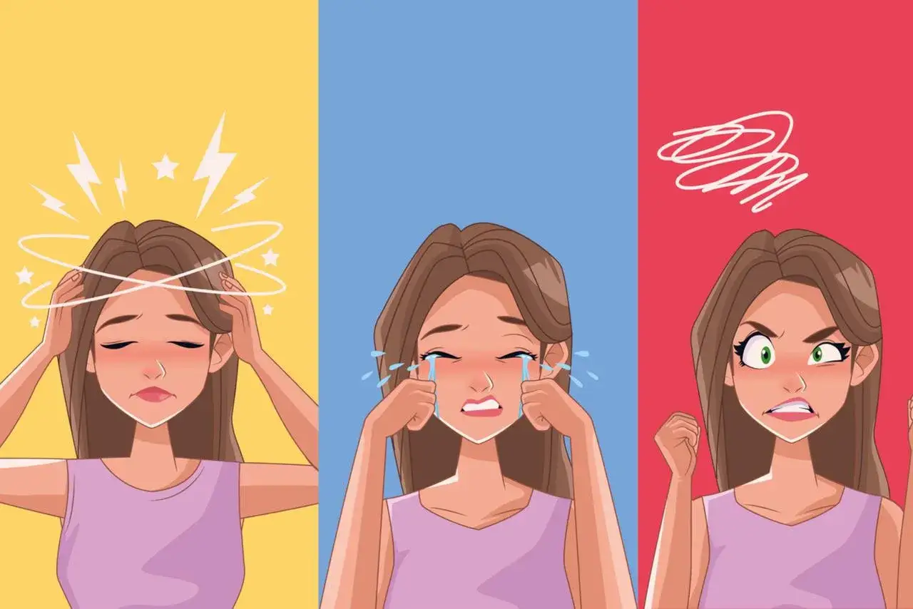 Trois visages f&eacute;minins exprimant la d&eacute;tresse : vertiges, larmes, col&egrave;re. Un psychologue peut aider &agrave; g&eacute;rer la test hypersensibilit&eacute;.