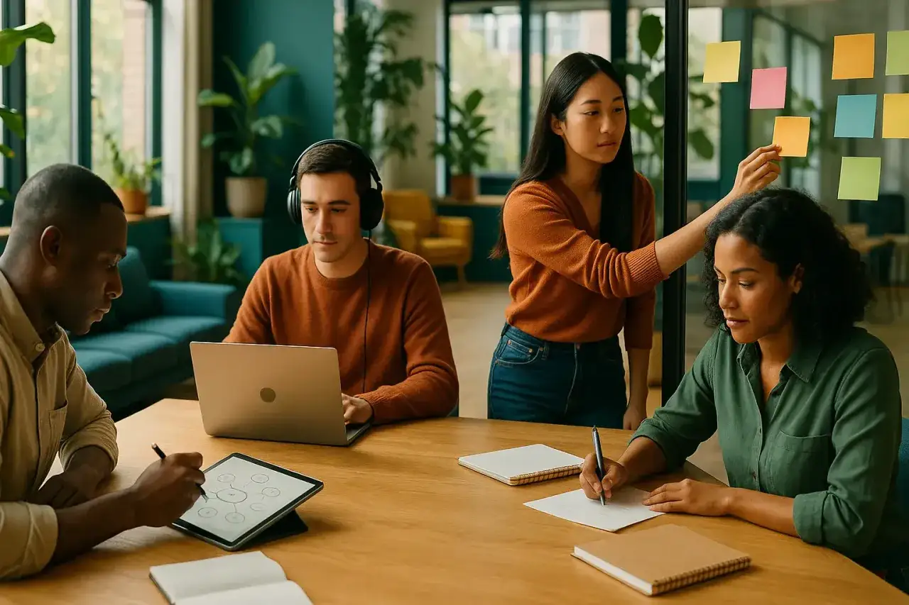Une équipe diverse collabore, une femme ajoute des notes sur un tableau, une autre écrit, un homme écoute de la musique sur son ordinateur, un autre dessine sur une tablette. Ils semblent vouloir manager un haut potentiel.