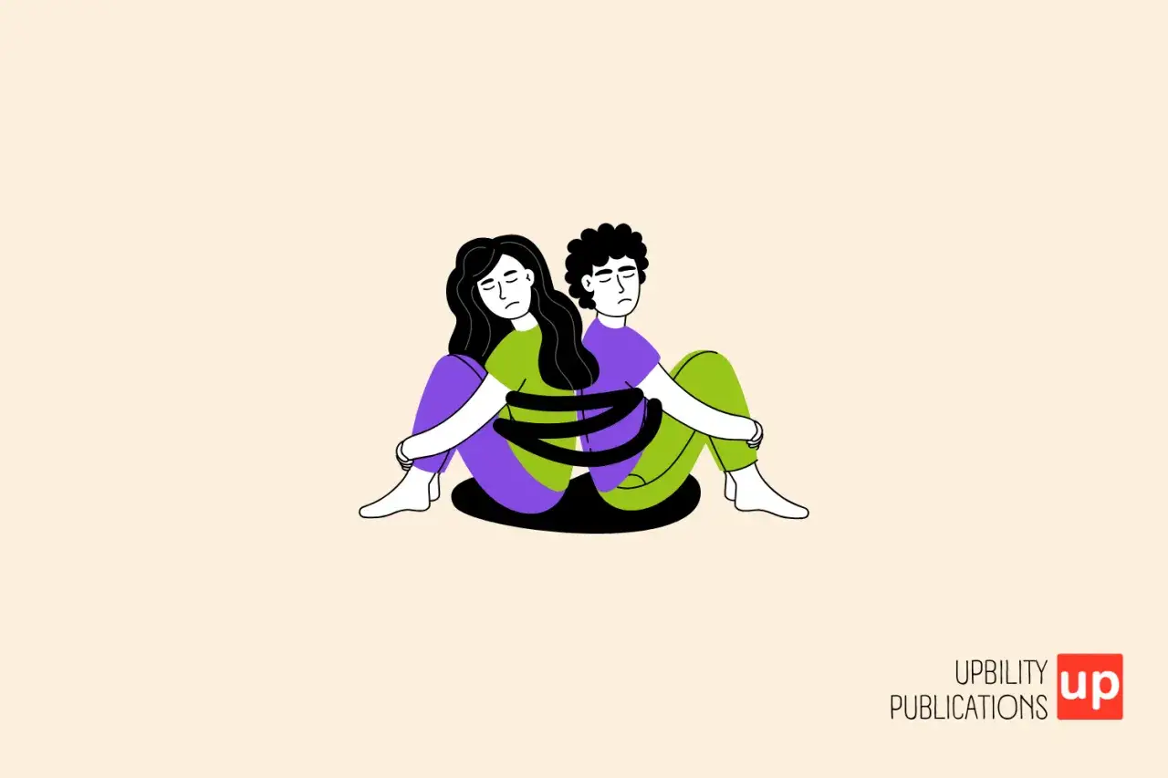 Un couple pervers, liés par des bras, semble prisonnier de sa propre relation.