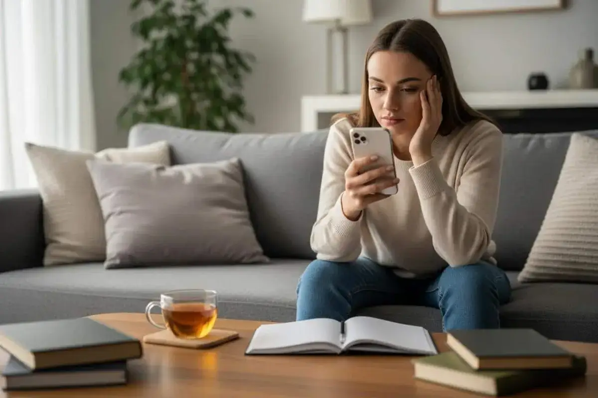 Elle attend, le c&oelig;ur serr&eacute;, que quelqu'un il me recontacte apr&egrave;s 2 semaines silence. Un th&eacute; et des livres l'accompagnent.