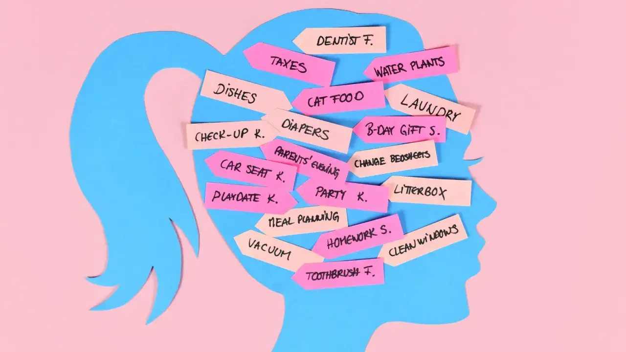 Silhouette bleue d'une femme sur fond rose, remplie de post-its repr&eacute;sentant les t&acirc;ches d'une maman d&eacute;bord&eacute;e : lessive, courses, rendez-vous, etc.