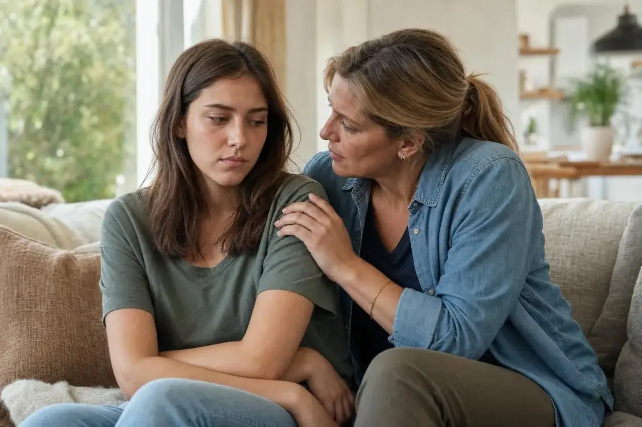 Une m&egrave;re r&eacute;conforte sa fille visiblement triste, tentant d'apaiser la souffrance de l'a&icirc;n&eacute;e.