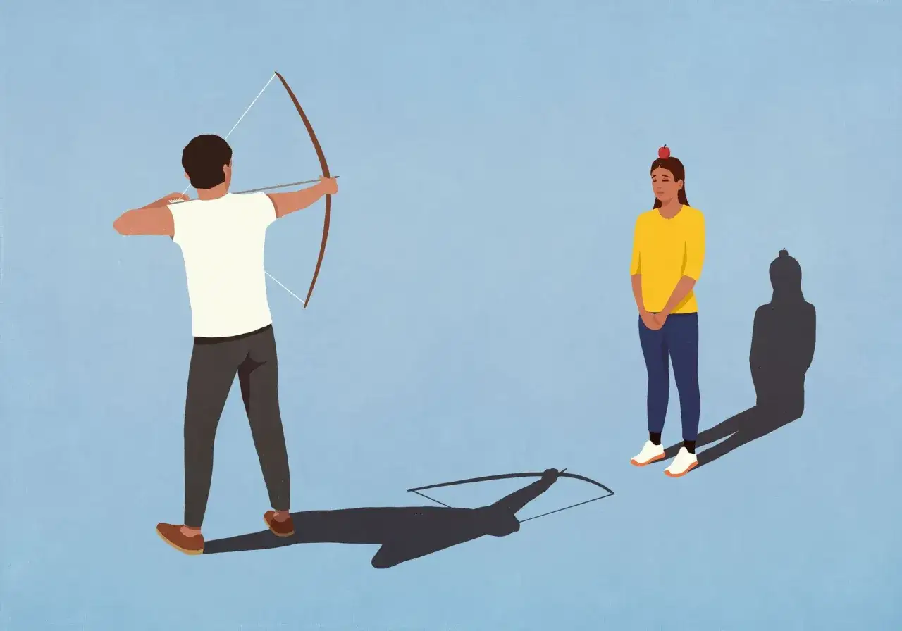 Un homme, tel un mari narcissique, vise une femme avec un arc. Son ombre, elle, semble le d&eacute;fier.
