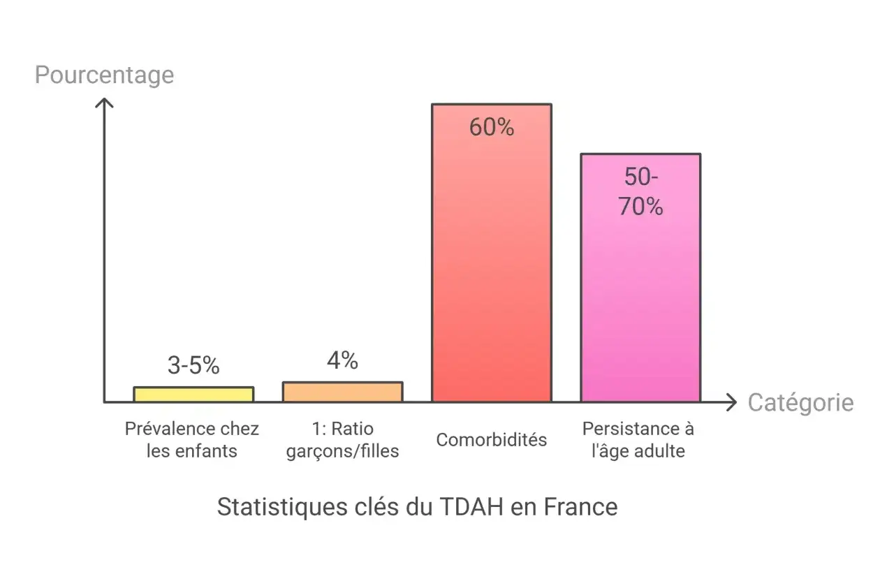 Graphique illustrant les statistiques clés du diagnostic TDAH en France : prévalence chez les enfants (3-5%), ratio garçons/filles (4%), comorbidités (60%) et persistance à l'âge adulte (50-70%).