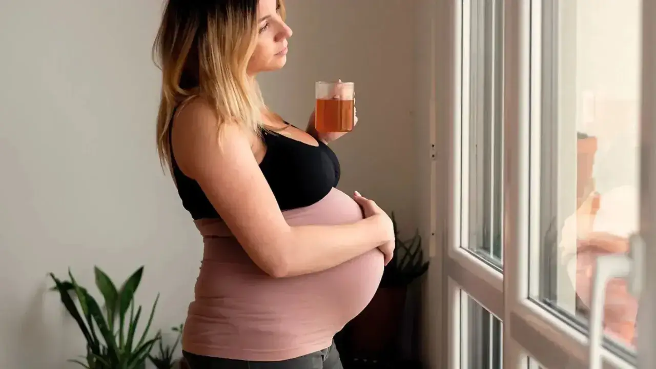 Jeune femme enceinte &agrave; 18 ans, tenant un verre, regardant par la fen&ecirc;tre.