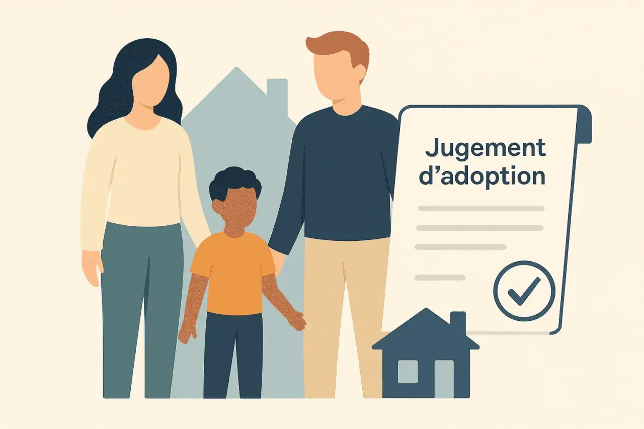Un couple et un enfant devant des maisons stylis&eacute;es, un document 