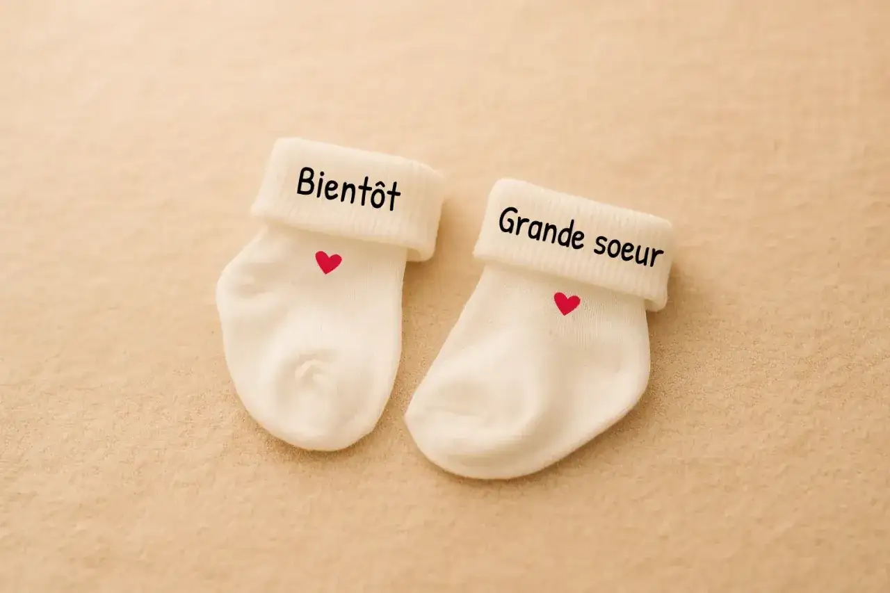 Bient&ocirc;t grande s&oelig;ur ! Une annonce de grossesse dr&ocirc;le et attendrissante avec ces petites chaussettes blanches orn&eacute;es de c&oelig;urs.
