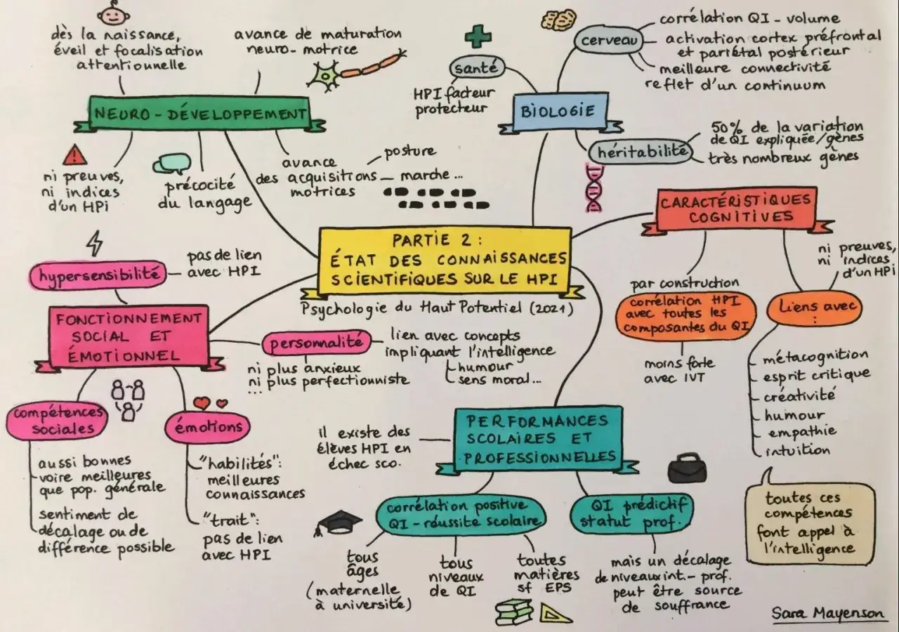 Carte mentale sur la psychologie du haut potentiel (HPI) : neuro-d&eacute;veloppement, biologie, caract&eacute;ristiques cognitives, fonctionnement social et &eacute;motionnel, performances scolaires et professionnelles.