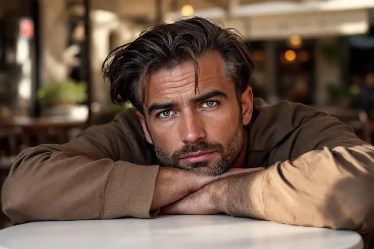 Un homme aux yeux verts, le regard perdu, semble ignorer une femme qui lui pla&icirc;t. Il est appuy&eacute; sur ses bras crois&eacute;s.