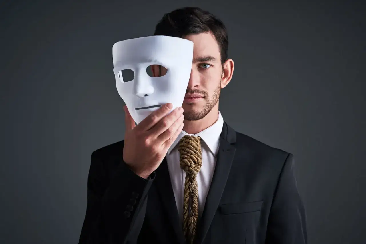 Un homme en costume tient un masque blanc devant son visage. Un test pour identifier un pervers narcissique au travail.