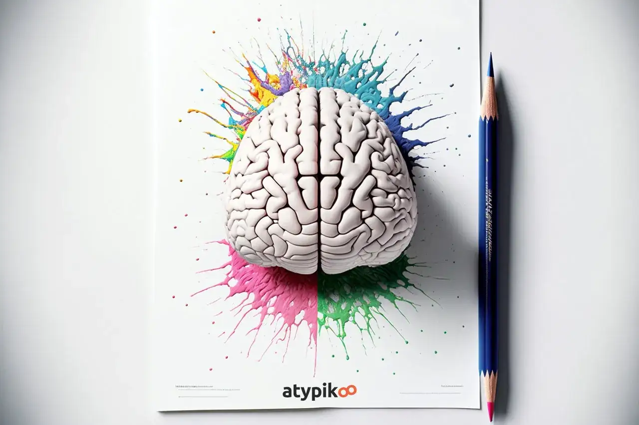 Cerveau blanc &eacute;clabouss&eacute; de couleurs vives, symbolisant un esprit hpi h&eacute;t&eacute;rog&egrave;ne. Un crayon bleu &agrave; c&ocirc;t&eacute; sugg&egrave;re la cr&eacute;ativit&eacute;.