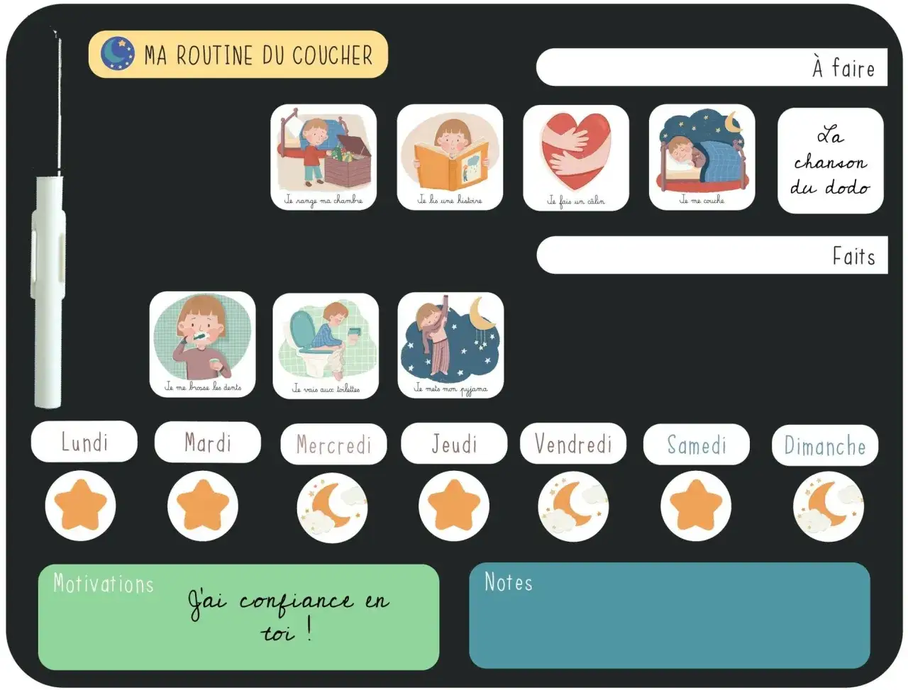 Tableau illustrant le rituel du coucher 10 ans : ranger, lire, c&acirc;lin, chanson, pyjama, dodo. Les jours de la semaine sont indiqu&eacute;s.