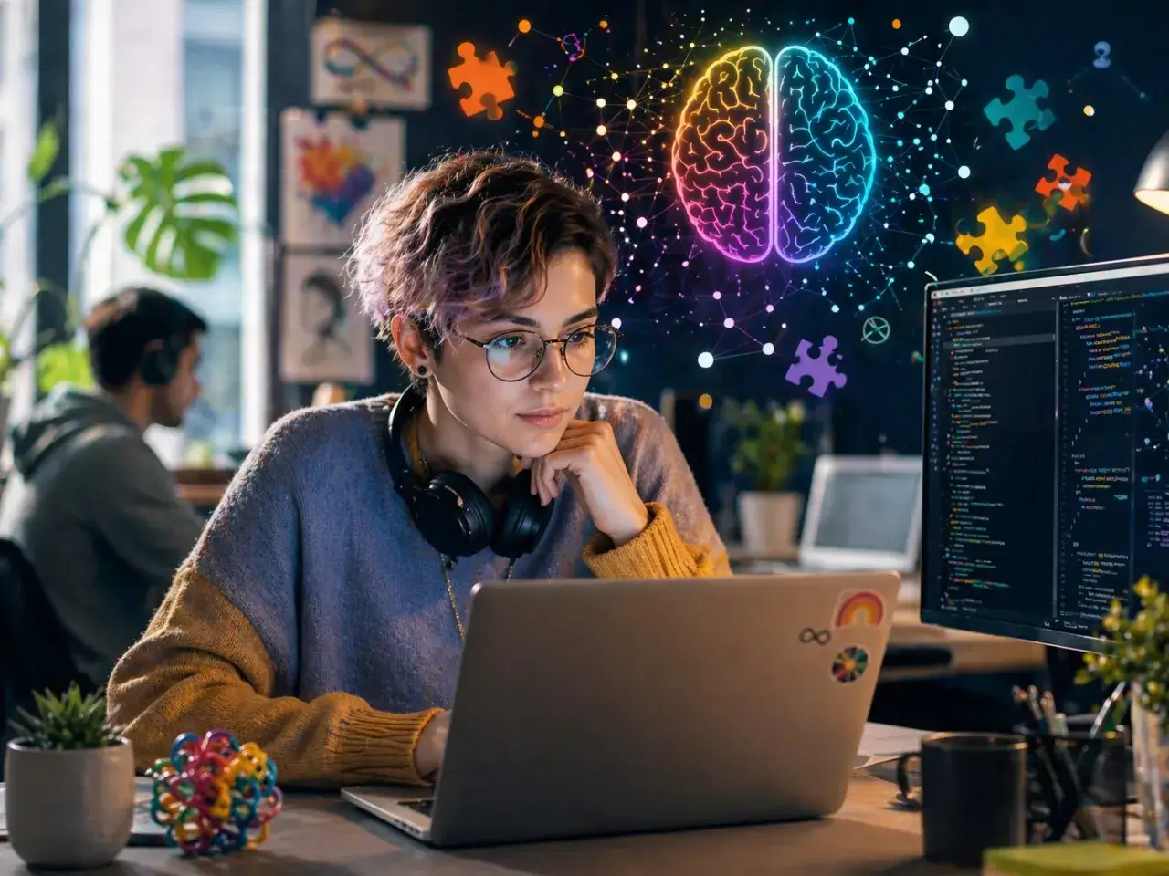Une jeune femme concentrée sur son écran, entourée d'éléments visuels évoquant l'intelligence et la résolution de problèmes. Les HP se reconnaissent entre eux, partageant cette passion pour la création.