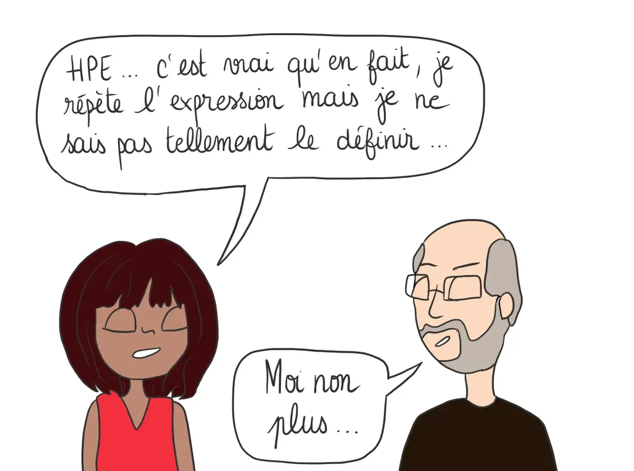 Une jeune femme et un homme discutent. Elle dit : 