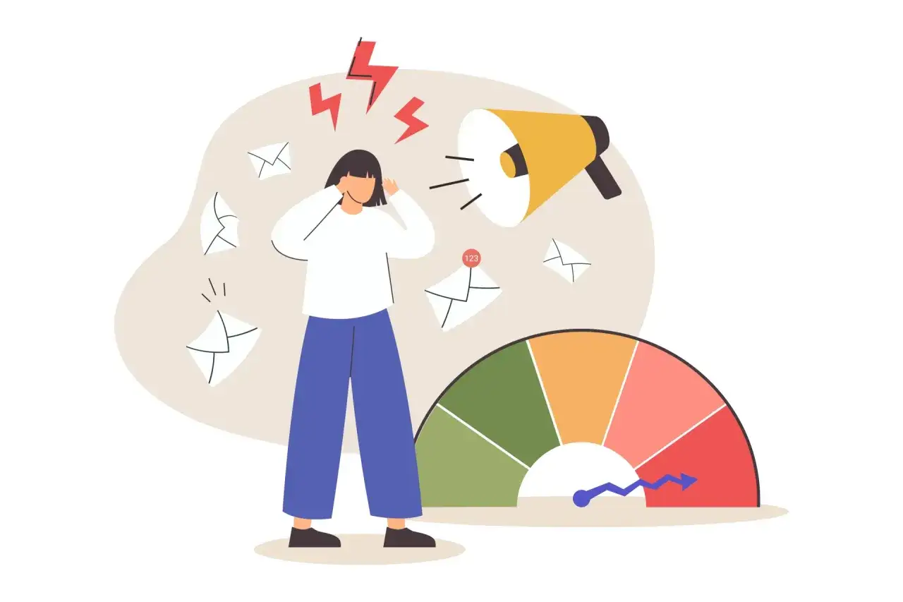 Une personne subissant une surcharge d'informations, symbolisant l'hypersensibilit&eacute; sensorielle adulte. Le bruit et les notifications l'assaillent.