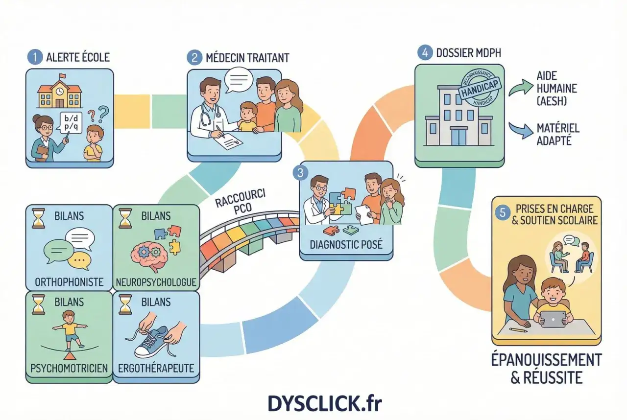 Schéma illustrant le parcours d'un enfant pour un test de dysorthographie, de l'alerte école au soutien scolaire.