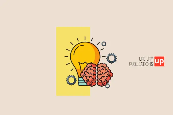 Une ampoule jaune et un cerveau rouge, entourés de rouages, symbolisent une idée brillante. Un test wisk pour l'innovation.
