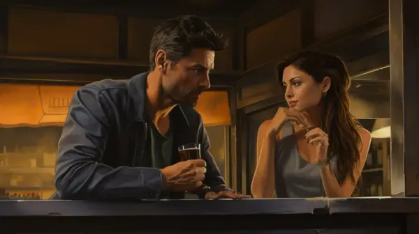 Un homme et une femme se regardent dans un bar. Mon ex revient, mais je n'ai plus confiance.