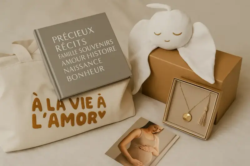 Un joli coffret cadeau pour un message encouragement avant accouchement : un livre, un doudou ange, un collier et une photo de grossesse.